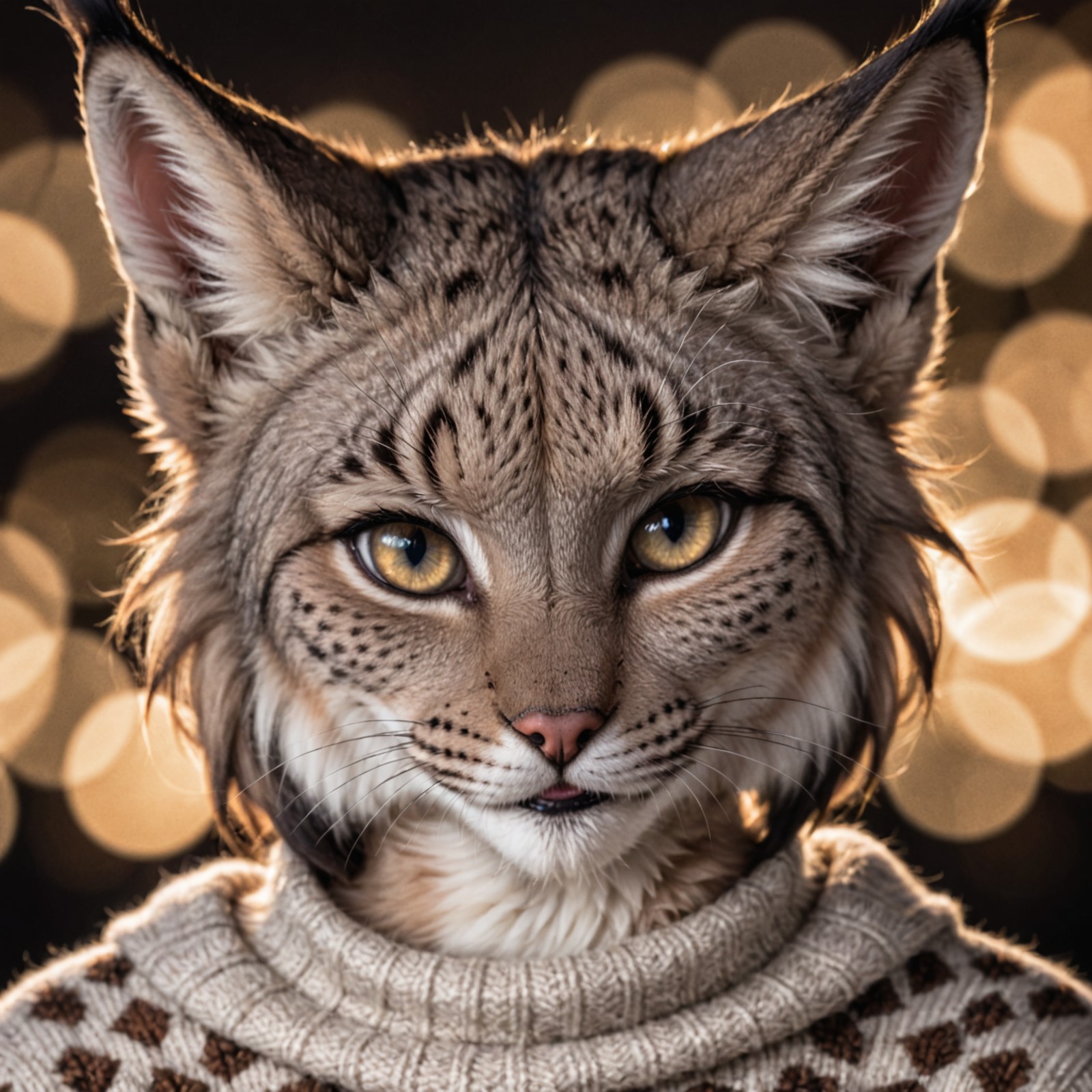 Closeup photo,  anthro furry lynx female ,wearing a wool sweater, high quality photography, 3 point lighting, flash with s...